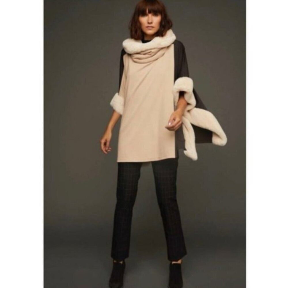 Joseph Ribkoff Faux Fur Trim Lined Color Blocked Black‎ Beige Tan Poncho Size S